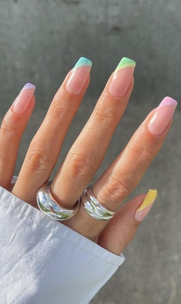 32 Hottest Cute Summer Nail Designs Soft Rainbow Side French Nails
