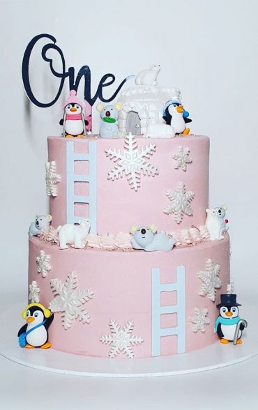 Jaw Dropping Winter Cakes Pink Winter Cake For Baby First Birthday