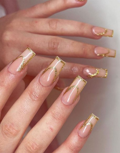 Modern French Style Nails To Be Wearing In Gold Glitter