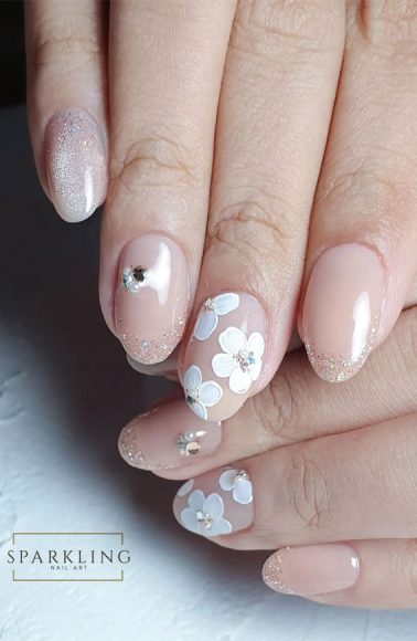 70 Wedding Nails For Brides Ombre Nude Glitter Flower Sheer Nails