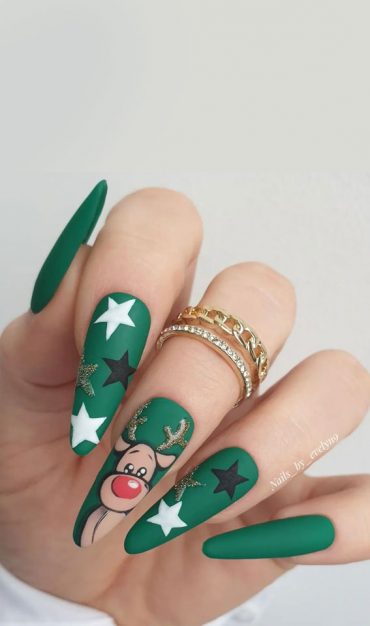 Festive Holiday Nail Designs Ideas Fun Rudolph Matte Green Nails