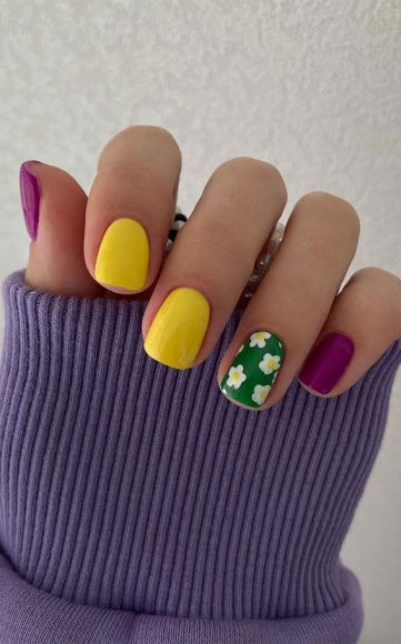 Fresh Summer Nail Designs Green Purple And Yellow Nails