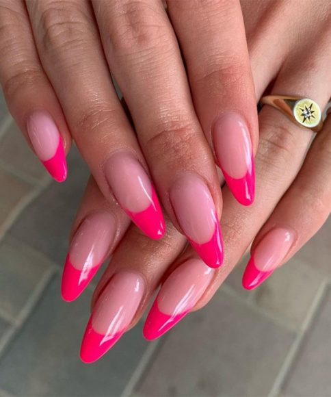 Hot Pink Vibrant Nails For Modern Women Hot Pink French Tip Almond