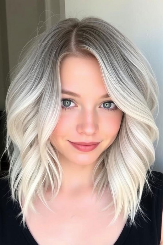 Chic Icy Platinum Long Bob Hairstyles Soft Waves Lob With Subtle Roots