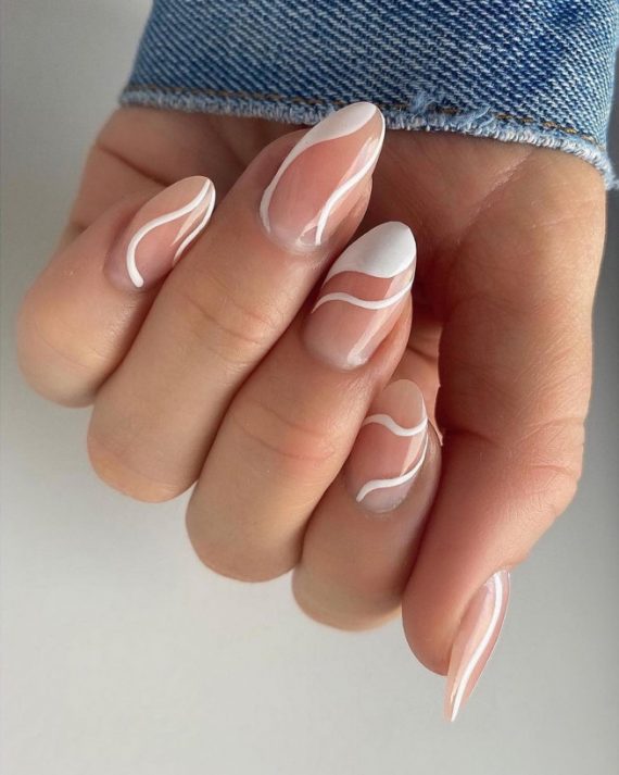 35 Nude Nails With White Details Swirl Abstract Sheer Oval Nails I