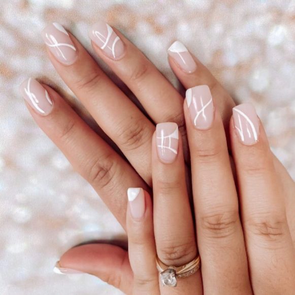 Nude Nails With White Details White Swirl Nude Square Nails I Take