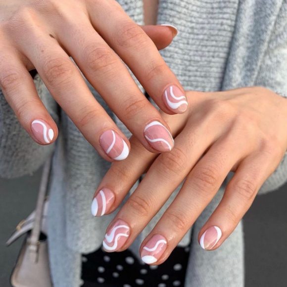 Nude Nails With White Details Swirl Sheer Short Round Nails I Take