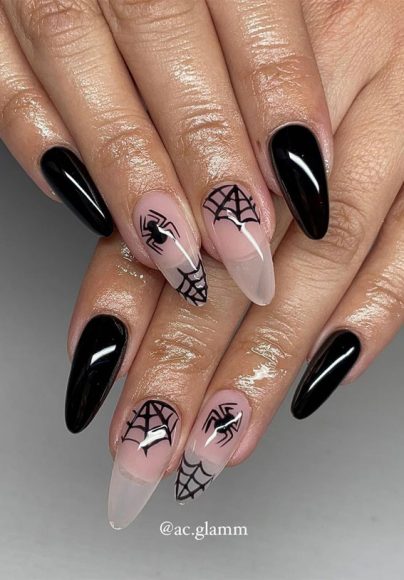 Spooky Halloween Nail Ideas Black And Sheer Nails With Spider