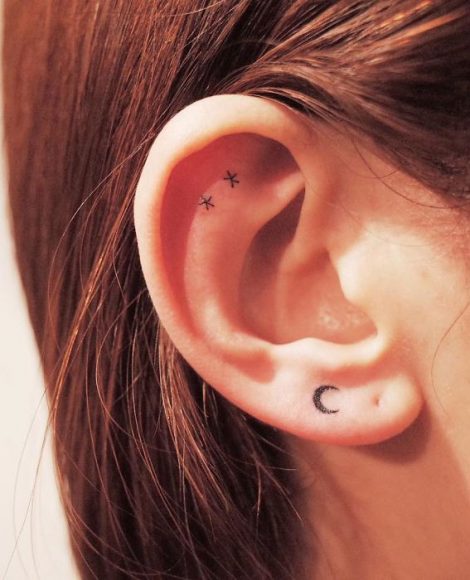 Whispered Ink The Beauty Of Ear Tattoos Crescent Moon Two Stars