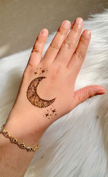 Minimalist Swirl Crescent Moon Henna Design With Sparkle Accents