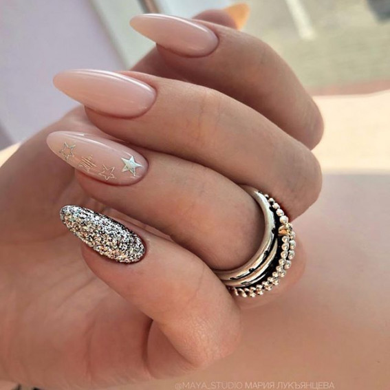 Glitter and Nude Almond-Shaped Classy Wedding Nails