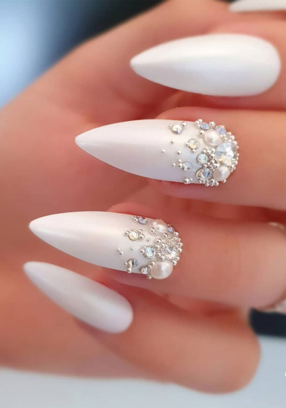 Classy Rhinestone White Wedding Nails For Sophisticated & Glamorous