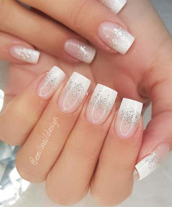 Classy Wedding Nails With Glitter White Tips That Add Elegance & Charm