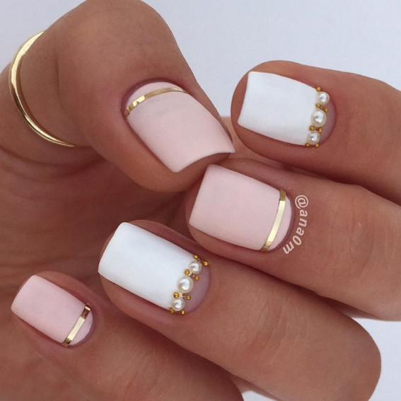 Classy Wedding Nails with Pearls : Pink and White Matte Short Square Nails