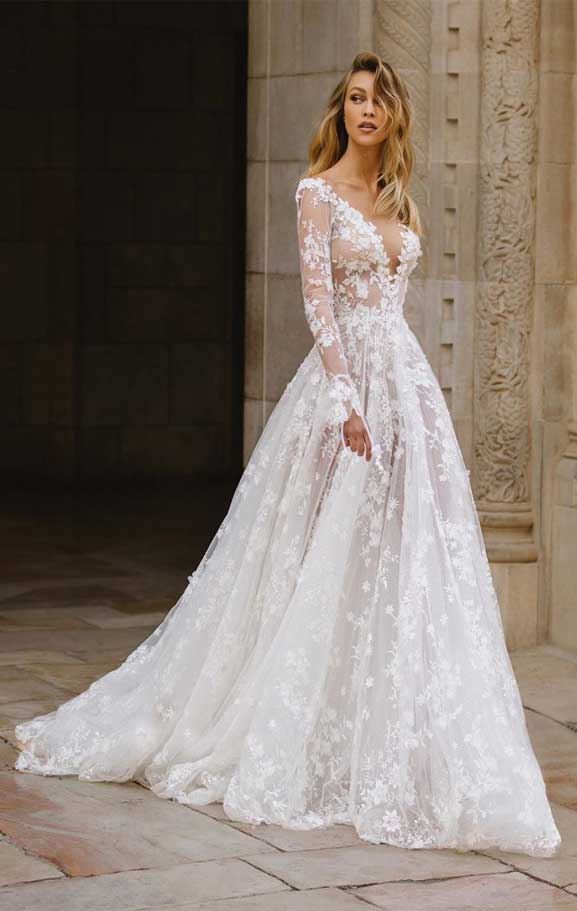 Timeless Wedding Dresses To Lookout : Bateau Neckline Long Sleeves +  Layered Skirt