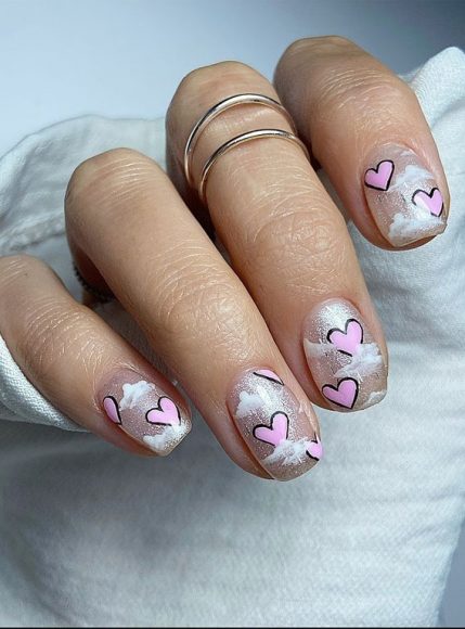 Beautiful Valentine's Day Nails 2021 : Cloud & Pink Love Heart Nails