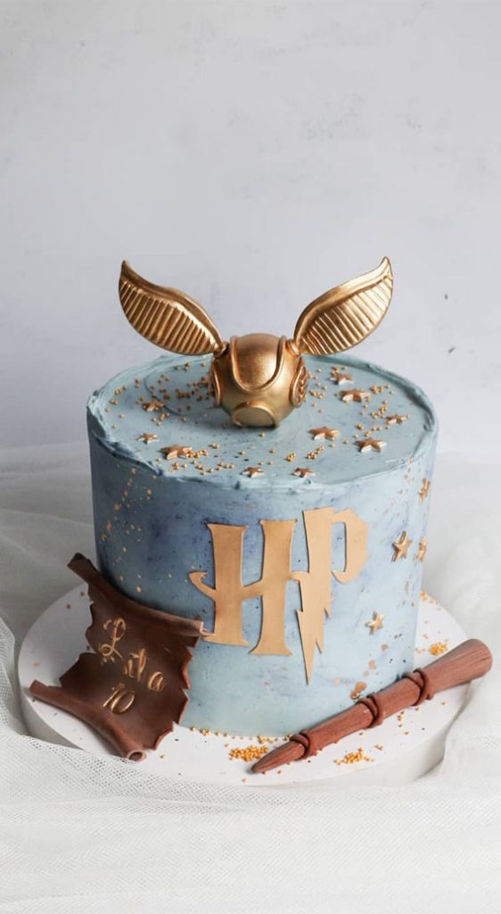 37 Best kids Birthday Cake Ideas : Blue & Gold Harry Potter birthday cake