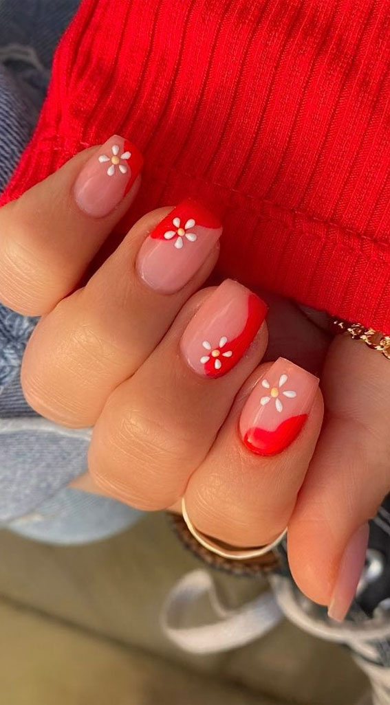 The Prettiest Summer Nail Designs We've Saved : Flower, Nude and Red Combo