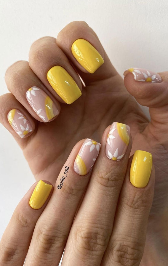59 Summer Nail Colours and Design Inspo for 2021 Yellow Daisy Nail