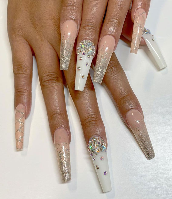 59 Summer Nail Colours and Design Inspo for 2021 : Nude Gold Glitter Nails