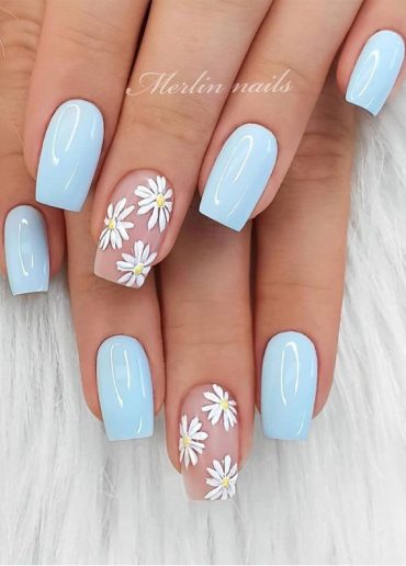 32 Hottest & Cute Summer Nail Designs : Baby Blue mixed Daisy on ...