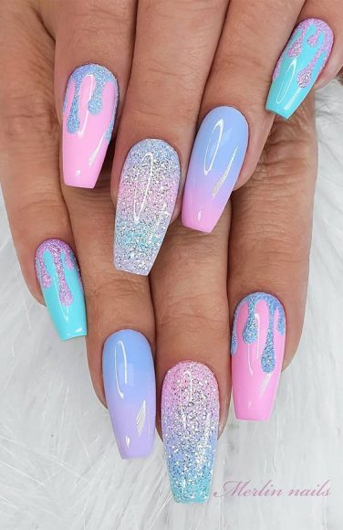 32 Hottest & Cute Summer Nail Designs : Ombre and Glitter drip nails