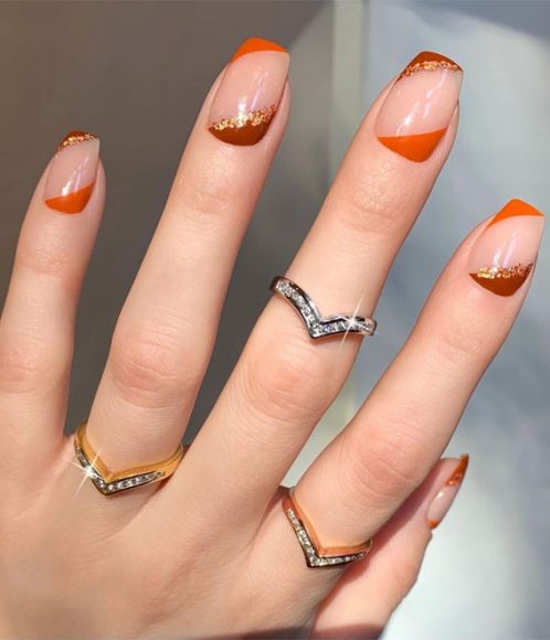 28 Trendy Brown Nail Designs 2021 : Brown and Orange Negative Space