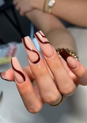 28 Trendy Brown Nail Designs 2021 : Brown Swirl and French Tip Nails