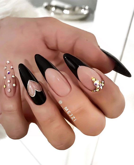 42 Cute Valentine’s Day Nails for 2022 : Black French Tips with Cut Out Heart