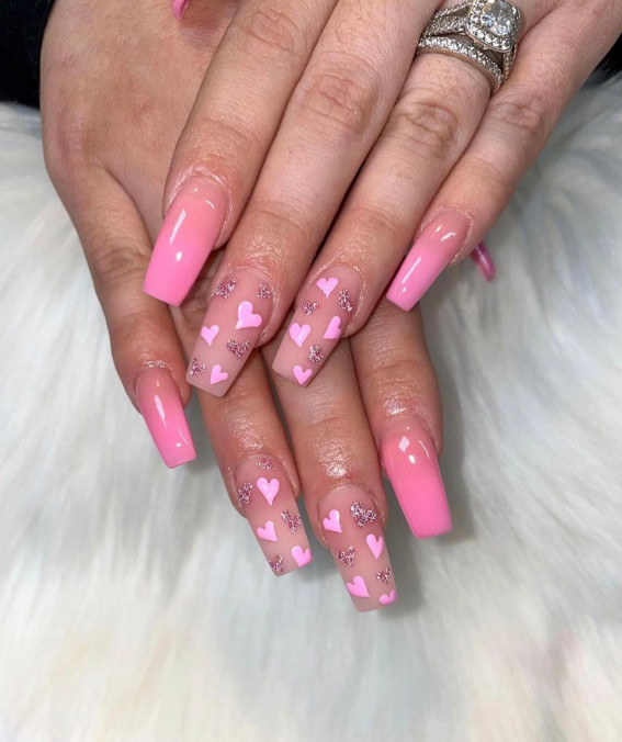 40 Best Valentine's Day Nail Designs : Pink Acrylic Embossed Heart Nails