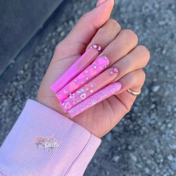 42 Cute Valentine's Day Nails for 2022 : Long Acrylic Pink Valentine's ...