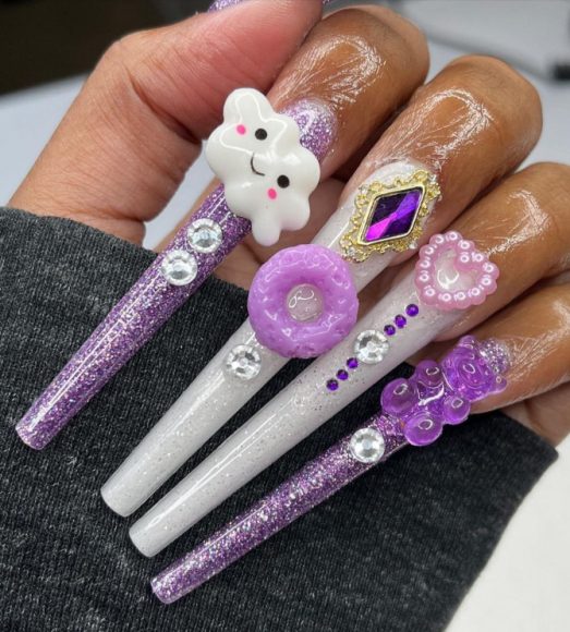 45 Kawaii Nails : Shimmery Purple & White Aesthetic