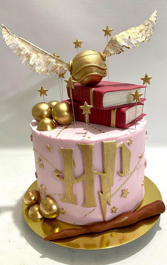 30 Harry Potter Birthday Cake Ideas : Soft Pink Cake Topped with Red Spell Books
