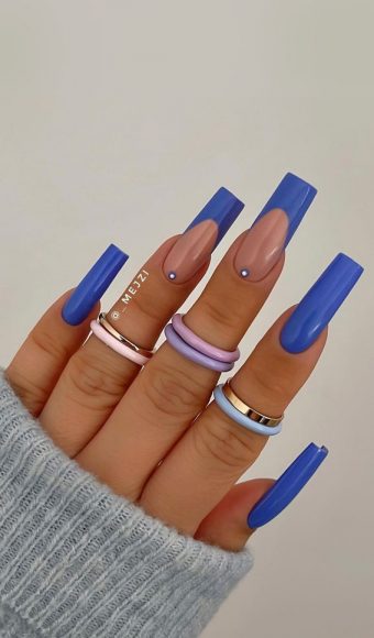 50 Trendy Summer Nail Colours & Designs : Blue French Tip Acrylic Nails