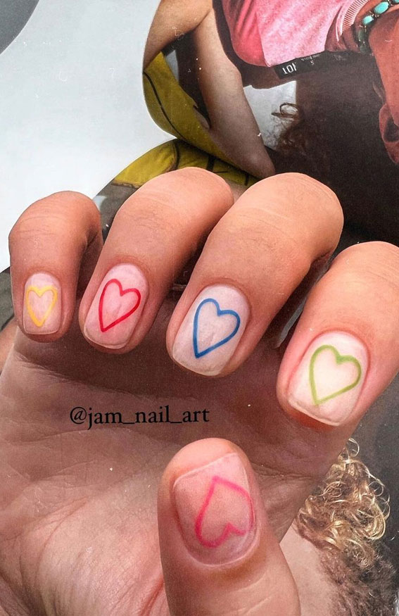 Short Simple Summer Nails with Multi-Coloured Love Heart Outlines
