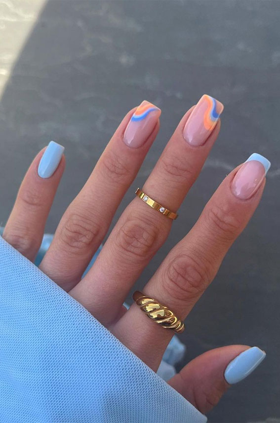50 Trendy Summer Nail Colours & Designs : Blue and Orange Swirl Short Nails