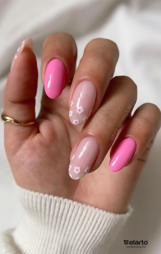 Pink Polish Nails with Floral French Tip Subtle Nails