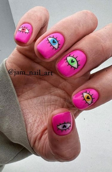 50 Trendy Summer Nail Colours And Designs Hot Pink Nails With Evil Eyes