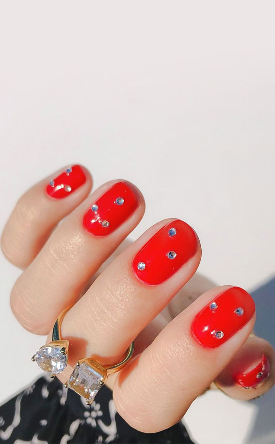 Red Short Nails with Rhinestones : Add Glamour to Your Look