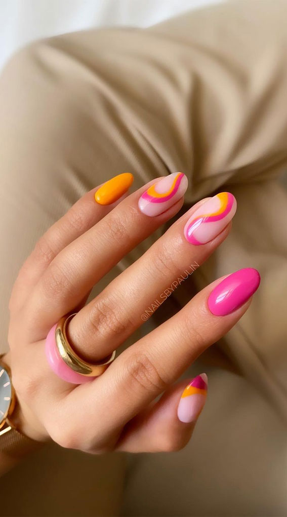 Pink and Orange Nails with Abstract Wavy Line Accents : 50 Trendy Summer Nail Colours & Designs