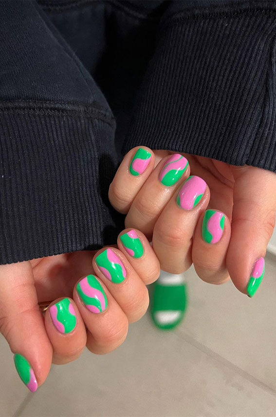 Green and Pink Abstract Short Nail Art : 50 Trendy Summer Nail Colours & Designs