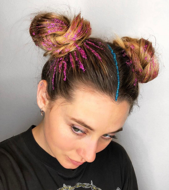 40 Summer Festival Hairstyle Ideas Pink Glitter Space Buns