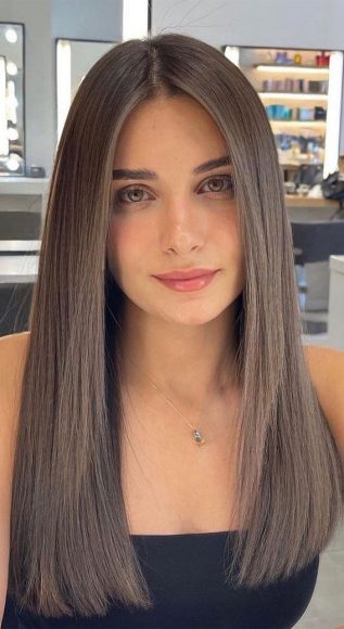 49 Autumn 2022 Hair Colour Trends : Middle Part Straight Hair Ash Brown