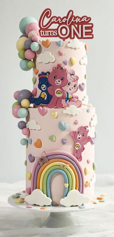 40 Cute First Birthday Cakes in 2022 : Care Bear Two Tier Cake