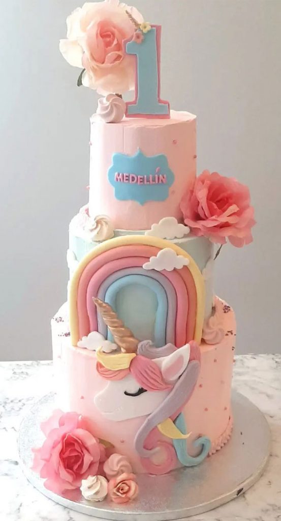 40 Cute First Birthday Cakes in 2022 : Three Tier Unicorn Cake