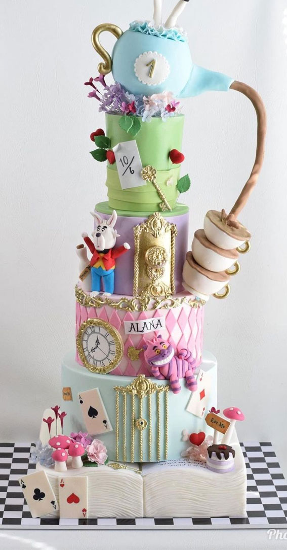 Alice in Wonderland 1st birthday two tier Cake