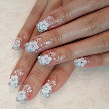 70+ Wedding Nails For Brides : Silver Tip Nails with Flower Accents