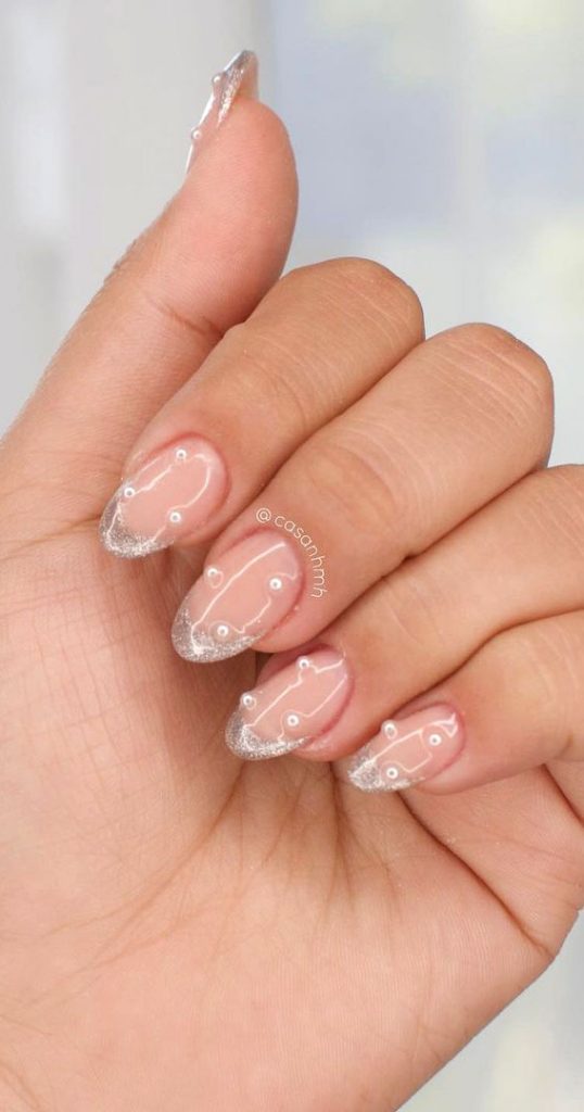 70 Wedding Nails For Brides Glitter French Pearl Nails 3079