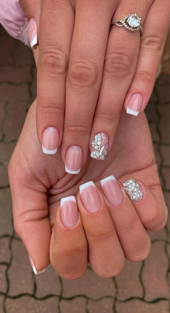 70+ Wedding Nails For Brides Diamante Butterfly + French Tip Nails