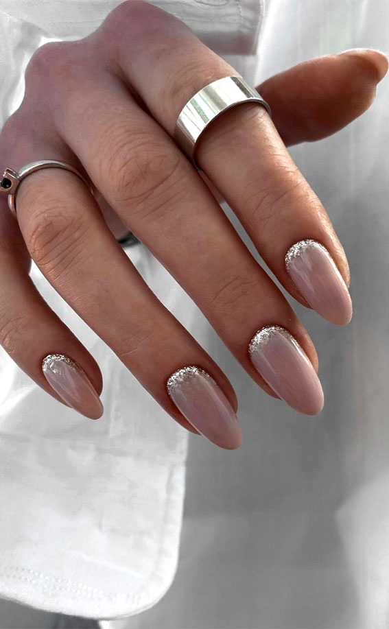 70 Wedding Nails For Brides Glitter Reverse French Almond Nails